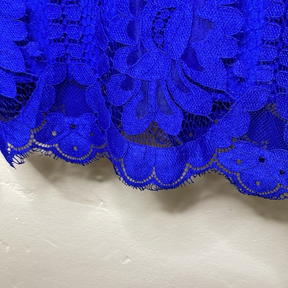 MSLG Sheath Blue Dress Lace Overlay Short Sleeves Croquette Scalloped Hem NWT Lg - Picture 8 of 11
